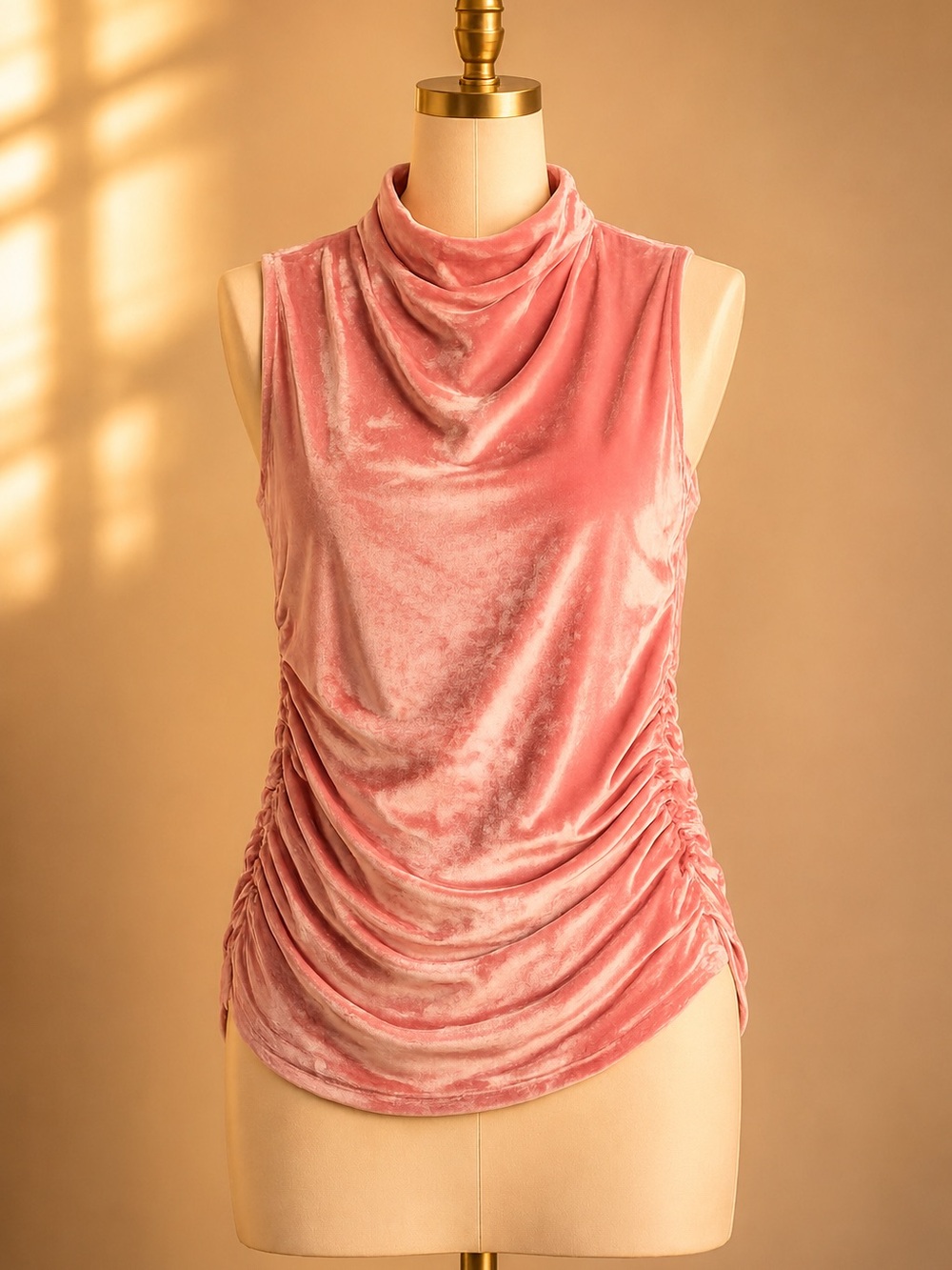 Pink Velvet Cowl Neck Sleeveless Y2K Ruched Top M office coquette